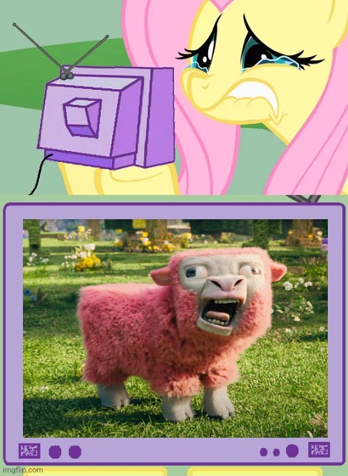 Fluttershy's Reaction To The Ugly CGI Sheep | image tagged in sad fluttershy watching television,fluttershy,my little pony,bad movies,minecraft memes,my little pony friendship is magic | made w/ Imgflip meme maker