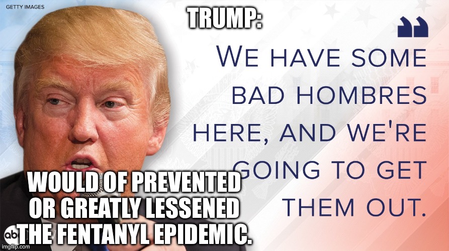 TRUMP:; WOULD OF PREVENTED OR GREATLY LESSENED THE FENTANYL EPIDEMIC. | made w/ Imgflip meme maker