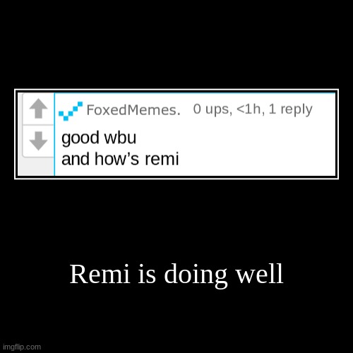 still hate that andrew perma site wide comment banned me again for no damn reason | Remi is doing well | | image tagged in funny,demotivationals | made w/ Imgflip demotivational maker