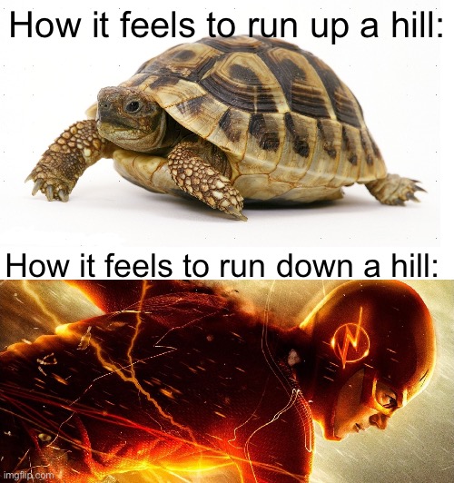 Slow vs Fast Meme | How it feels to run up a hill:; How it feels to run down a hill: | image tagged in slow vs fast meme,memes,funny | made w/ Imgflip meme maker