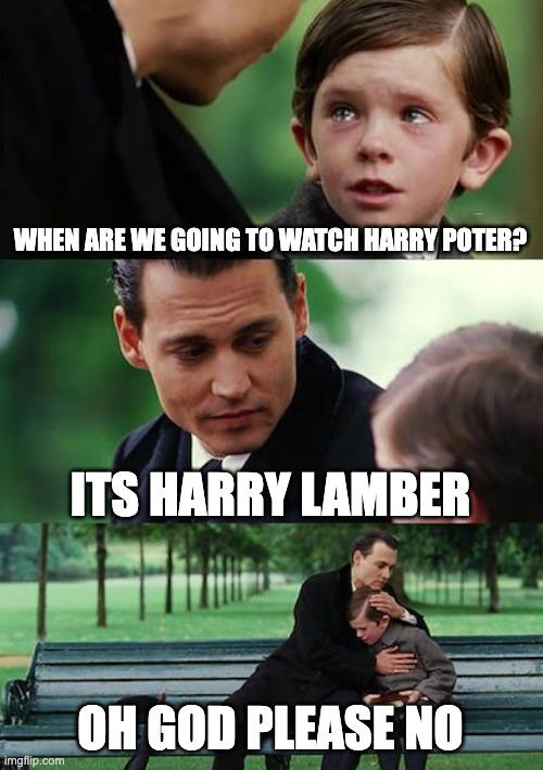 Finding Neverland Meme | WHEN ARE WE GOING TO WATCH HARRY POTER? ITS HARRY LAMBER; OH GOD PLEASE NO | image tagged in memes,finding neverland | made w/ Imgflip meme maker