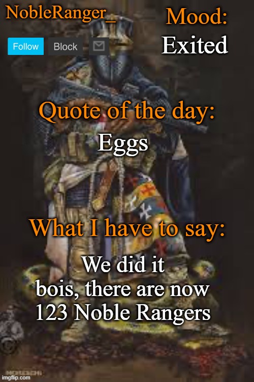 NobleRanger_ announcement template, The third | Exited; Eggs; We did it bois, there are now 123 Noble Rangers | image tagged in nobleranger_ announcement template the third | made w/ Imgflip meme maker