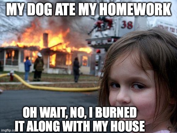 can I have late credit | MY DOG ATE MY HOMEWORK; OH WAIT, NO, I BURNED IT ALONG WITH MY HOUSE | image tagged in memes,disaster girl,school | made w/ Imgflip meme maker