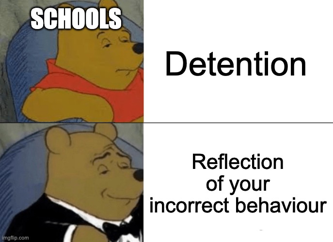 Pov schools | SCHOOLS; Detention; Reflection of your incorrect behaviour | image tagged in memes,tuxedo winnie the pooh | made w/ Imgflip meme maker