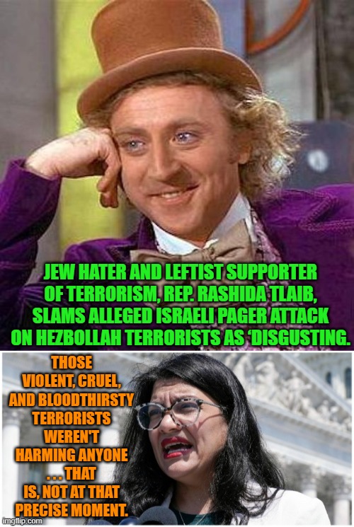 Timing is everything, eh? | THOSE VIOLENT, CRUEL, AND BLOODTHIRSTY TERRORISTS WEREN'T HARMING ANYONE . . . THAT IS, NOT AT THAT PRECISE MOMENT. JEW HATER AND LEFTIST SUPPORTER OF TERRORISM, REP. RASHIDA TLAIB, SLAMS ALLEGED ISRAELI PAGER ATTACK ON HEZBOLLAH TERRORISTS AS ‘DISGUSTING. | image tagged in yep | made w/ Imgflip meme maker