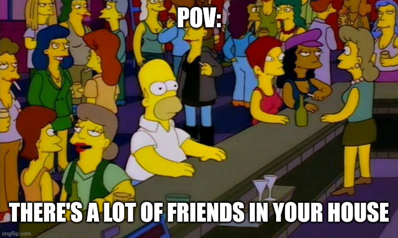 So many friends | POV:; THERE'S A LOT OF FRIENDS IN YOUR HOUSE | image tagged in homer simpsons in bar | made w/ Imgflip meme maker