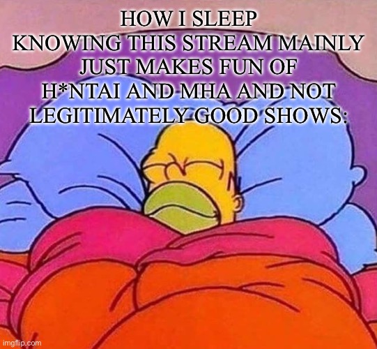 Mid hero shitedamia | HOW I SLEEP KNOWING THIS STREAM MAINLY JUST MAKES FUN OF H*NTAI AND MHA AND NOT LEGITIMATELY GOOD SHOWS: | image tagged in homer simpson sleeping peacefully | made w/ Imgflip meme maker