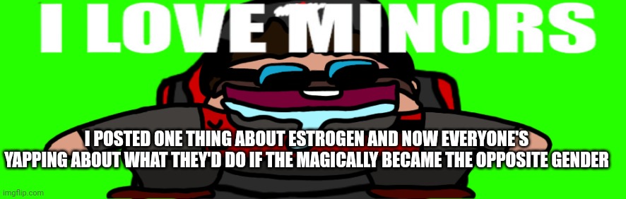 Anyway, I'd probably be chill with it | I POSTED ONE THING ABOUT ESTROGEN AND NOW EVERYONE'S YAPPING ABOUT WHAT THEY'D DO IF THE MAGICALLY BECAME THE OPPOSITE GENDER | image tagged in i love minors 4 | made w/ Imgflip meme maker