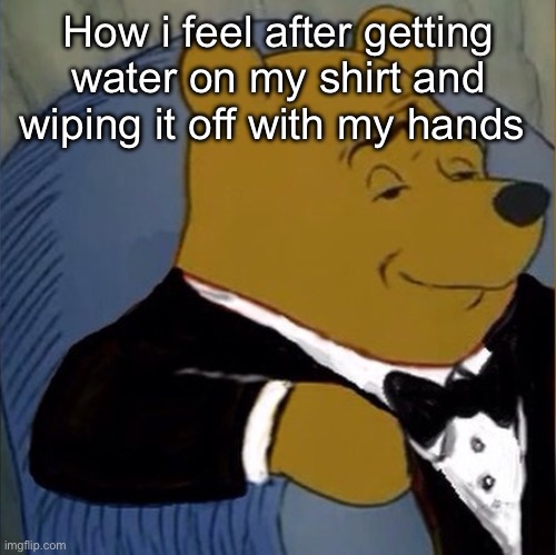 Fancy Pooh | How i feel after getting water on my shirt and wiping it off with my hands | image tagged in fancy pooh | made w/ Imgflip meme maker