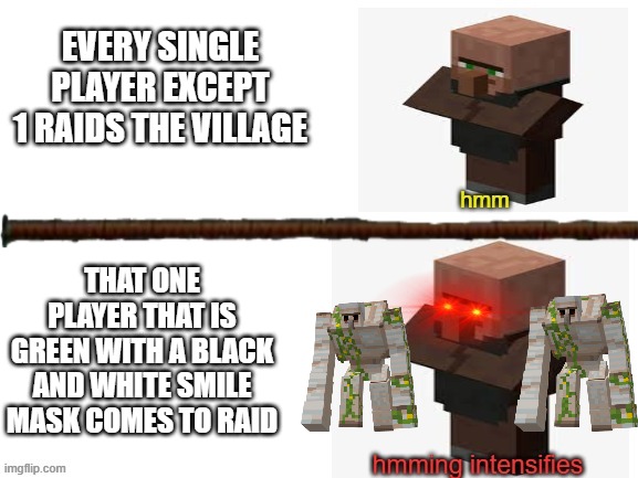 ENEMY ACQUIRED! GET HIM | EVERY SINGLE PLAYER EXCEPT 1 RAIDS THE VILLAGE; THAT ONE PLAYER THAT IS GREEN WITH A BLACK AND WHITE SMILE MASK COMES TO RAID | image tagged in hmming intensifies,minecraft villagers,dream | made w/ Imgflip meme maker