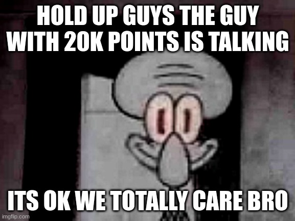 Staring Squidward | HOLD UP GUYS THE GUY WITH 20K POINTS IS TALKING; ITS OK WE TOTALLY CARE BRO | image tagged in staring squidward | made w/ Imgflip meme maker