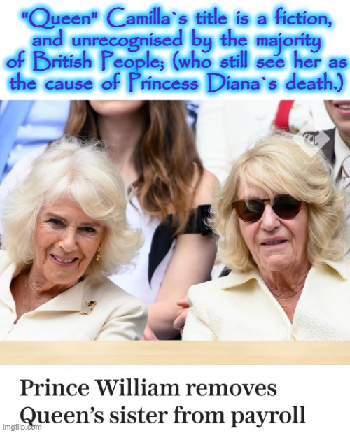 Camilla | "Queen"  Camilla`s  title  is  a  fiction,
and  unrecognised  by  the  majority
of  British  People;  (who  still  see  her  as
the  cause  of  Princess  Diana`s  death.) | image tagged in finished | made w/ Imgflip meme maker