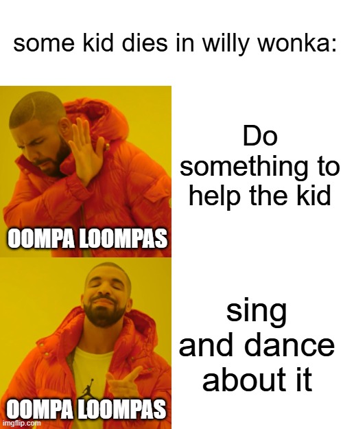 "Oompa, Loompa, Doompady-do" | some kid dies in willy wonka:; Do something to help the kid; OOMPA LOOMPAS; sing and dance about it; OOMPA LOOMPAS | image tagged in memes,drake hotline bling,oompa loompa,oompa loompas,willy wonka | made w/ Imgflip meme maker