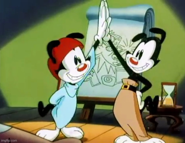 Who wants a shared announcement with this as the bg | image tagged in yakko and wakko high five | made w/ Imgflip meme maker