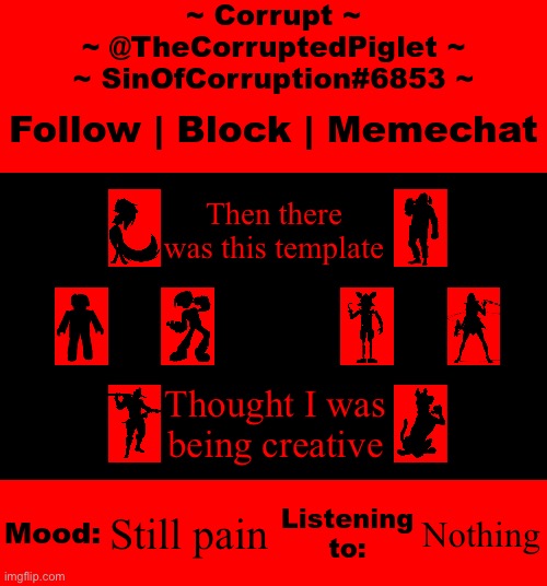 Guess the characters | Then there was this template; Thought I was being creative; Still pain; Nothing | image tagged in thecorruptedpiglet announcement template | made w/ Imgflip meme maker