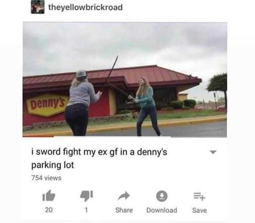 High Quality I sword fight my ex gf in a Denny's parking lot Blank Meme Template