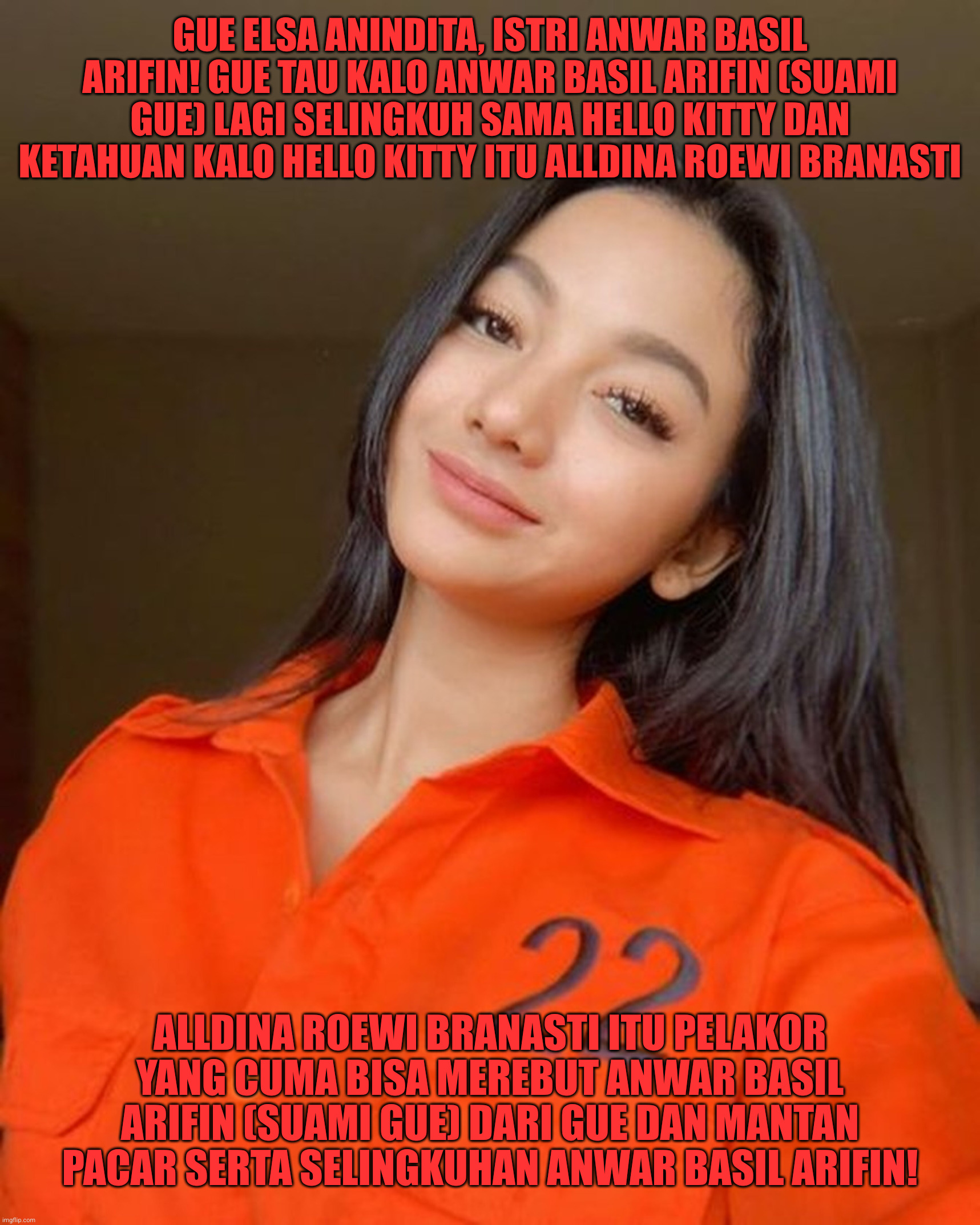 Elsa Anindita tau kalo Hello Kitty itu Alldina Roewi Branasti si pelakor dan selingkuhan Anwar Basil Arifin | GUE ELSA ANINDITA, ISTRI ANWAR BASIL ARIFIN! GUE TAU KALO ANWAR BASIL ARIFIN (SUAMI GUE) LAGI SELINGKUH SAMA HELLO KITTY DAN KETAHUAN KALO HELLO KITTY ITU ALLDINA ROEWI BRANASTI; ALLDINA ROEWI BRANASTI ITU PELAKOR YANG CUMA BISA MEREBUT ANWAR BASIL ARIFIN (SUAMI GUE) DARI GUE DAN MANTAN PACAR SERTA SELINGKUHAN ANWAR BASIL ARIFIN! | image tagged in funny,funny memes,memes,fun,lol so funny | made w/ Imgflip meme maker