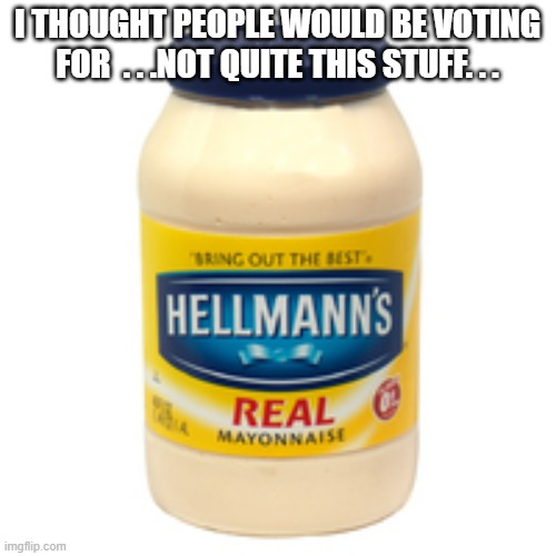 mayonnaise | I THOUGHT PEOPLE WOULD BE VOTING FOR  . . .NOT QUITE THIS STUFF. . . | image tagged in mayonnaise | made w/ Imgflip meme maker