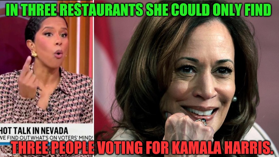 Says A Lot-Huh? | IN THREE RESTAURANTS SHE COULD ONLY FIND; THREE PEOPLE VOTING FOR KAMALA HARRIS. | image tagged in memes,restaurants,survey,three,votes,kamala harris | made w/ Imgflip meme maker