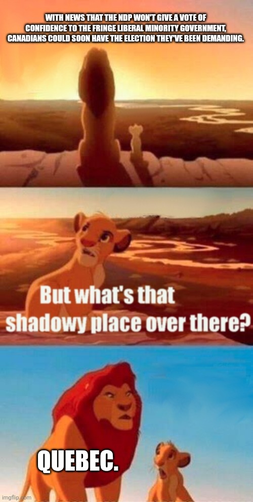 Canada's Mordor, far as I'm concerned. | WITH NEWS THAT THE NDP WON'T GIVE A VOTE OF CONFIDENCE TO THE FRINGE LIBERAL MINORITY GOVERNMENT, CANADIANS COULD SOON HAVE THE ELECTION THEY'VE BEEN DEMANDING. QUEBEC. | image tagged in memes,simba shadowy place | made w/ Imgflip meme maker