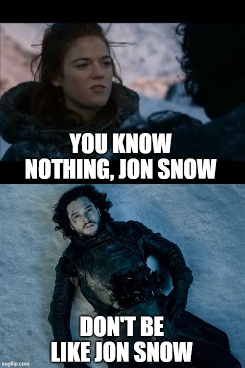 don't be like jon snow | YOU KNOW NOTHING, JON SNOW; DON'T BE LIKE JON SNOW | image tagged in you know nothing,jon snow stab | made w/ Imgflip meme maker