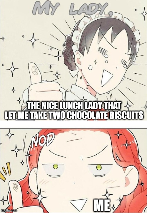 The lunch ladies at my school are so nice | THE NICE LUNCH LADY THAT LET ME TAKE TWO CHOCOLATE BISCUITS; ME | image tagged in my lady nods | made w/ Imgflip meme maker