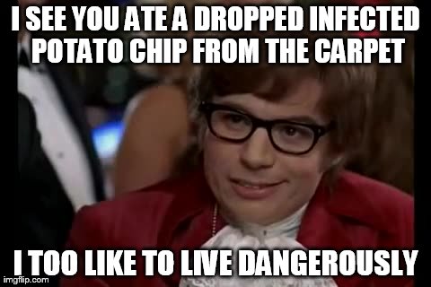 I Too Like To Live Dangerously Meme | I SEE YOU ATE A DROPPED INFECTED POTATO CHIP FROM THE CARPET I TOO LIKE TO LIVE DANGEROUSLY | image tagged in memes,i too like to live dangerously | made w/ Imgflip meme maker