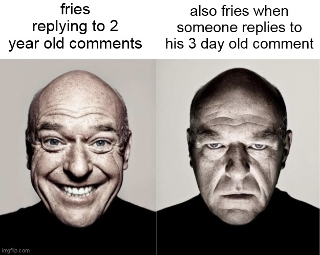 Hank Angry-Happy | fries replying to 2 year old comments also fries when someone replies to his 3 day old comment | image tagged in hank angry-happy | made w/ Imgflip meme maker