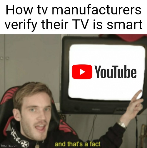 The whole Smart TV world is targeting YouTube for money | How tv manufacturers verify their TV is smart | image tagged in and that's a fact,tv,smart tv,youtube,funny because it's true,stop reading the tags | made w/ Imgflip meme maker