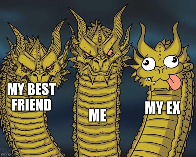 wow my ex is an idiot | ME; MY BEST FRIEND; MY EX | image tagged in three dragons | made w/ Imgflip meme maker