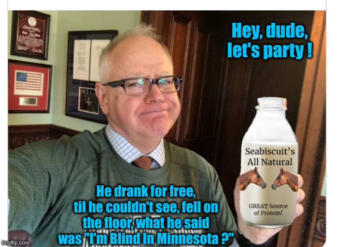 walz | Hey, dude, let's party ! He drank for free, til he couldn't see, fell on the floor, what he said was "I'm Blind In Minnesota ?" | image tagged in walz | made w/ Imgflip meme maker