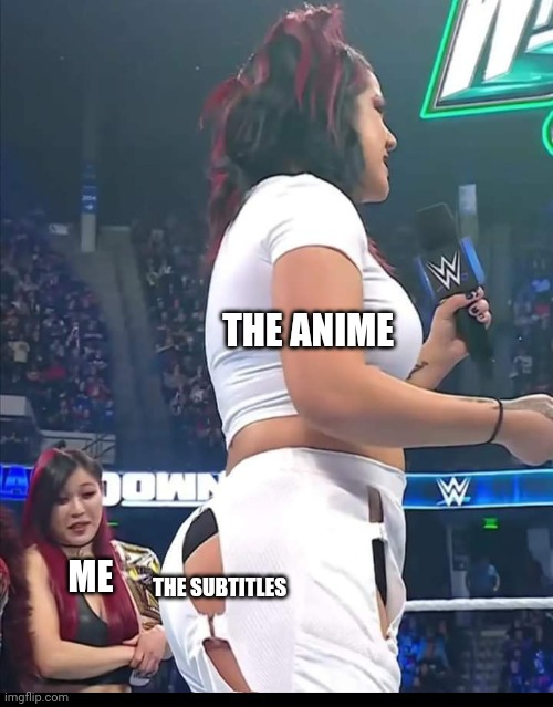 THE ANIME; ME; THE SUBTITLES | image tagged in wwe,bayley,anime,subtitles,big booty,io shirai | made w/ Imgflip meme maker