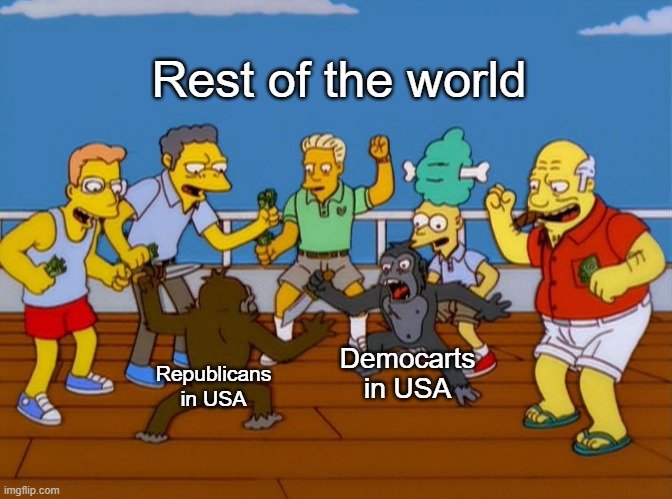 Simpsons Monkey Fight | Rest of the world; Democarts in USA; Republicans in USA | image tagged in simpsons monkey fight | made w/ Imgflip meme maker