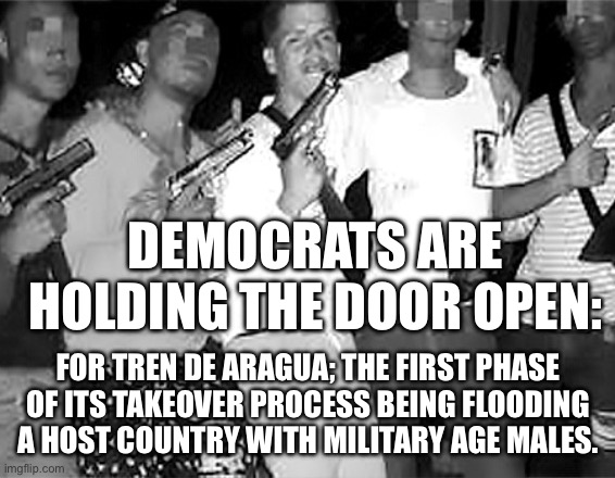 DEMOCRATS ARE HOLDING THE DOOR OPEN:; FOR TREN DE ARAGUA; THE FIRST PHASE OF ITS TAKEOVER PROCESS BEING FLOODING A HOST COUNTRY WITH MILITARY AGE MALES. | image tagged in politics,trump,maga,kamala harris,democrats,election | made w/ Imgflip meme maker