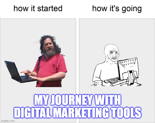 My journey with digital marketing tools | MY JOURNEY WITH DIGITAL MARKETING TOOLS | image tagged in how it started vs how it's going | made w/ Imgflip meme maker