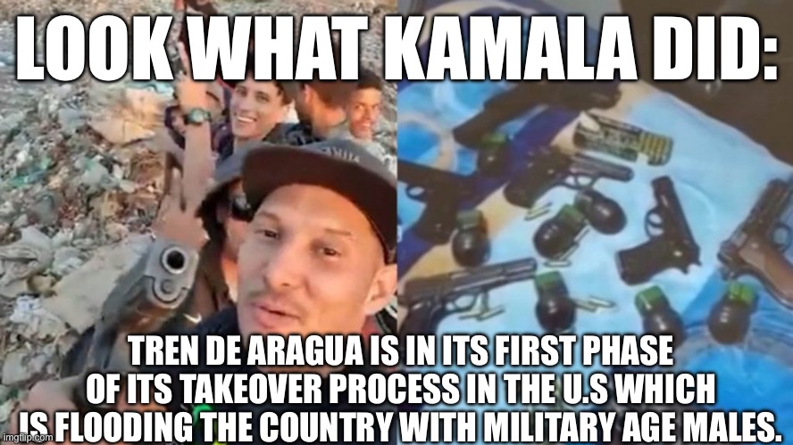 LOOK WHAT KAMALA DID:; TREN DE ARAGUA IS IN ITS FIRST PHASE OF ITS TAKEOVER PROCESS IN THE U.S WHICH IS FLOODING THE COUNTRY WITH MILITARY AGE MALES. | made w/ Imgflip meme maker