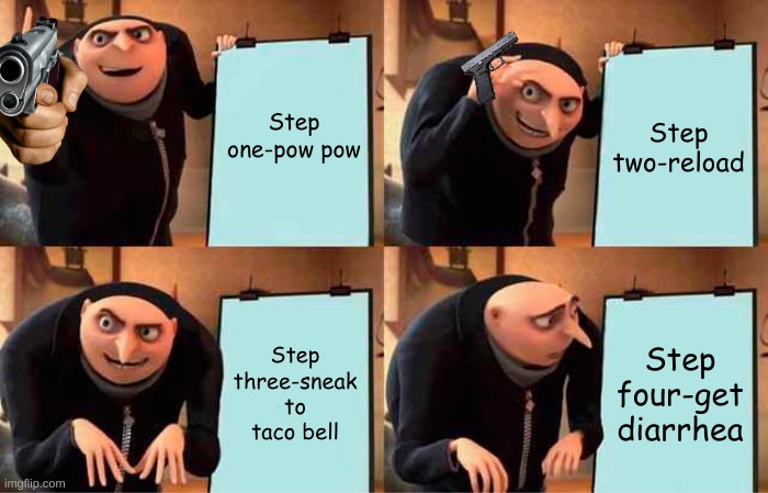 Gru's Plan | Step one-pow pow; Step two-reload; Step three-sneak to taco bell; Step four-get diarrhea | image tagged in memes,gru's plan | made w/ Imgflip meme maker