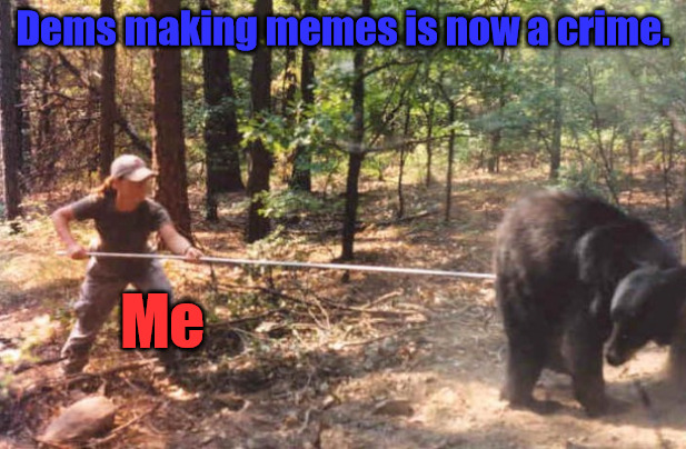 Poking the Bear | Dems making memes is now a crime. Me | image tagged in poking the bear | made w/ Imgflip meme maker