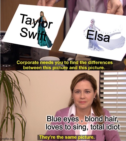 They're The Same Picture | Taylor Swift; Elsa; Blue eyes , blond hair, loves to sing, total idiot | image tagged in memes,they're the same picture | made w/ Imgflip meme maker