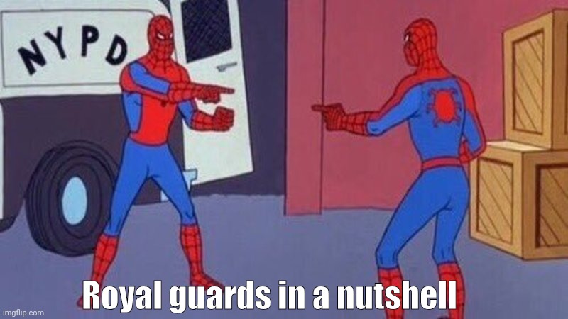 spiderman pointing at spiderman | Royal guards in a nutshell | made w/ Imgflip meme maker