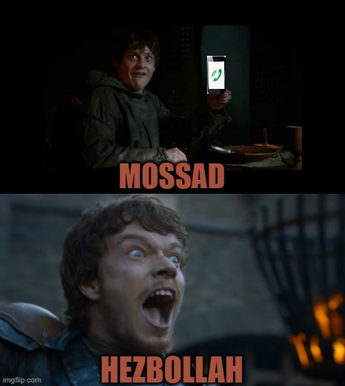 Ramsay Bolton makes a phone call | MOSSAD; HEZBOLLAH | image tagged in ramsay bolton show his piece,hezbollah,pager bomb,game of thrones | made w/ Imgflip meme maker