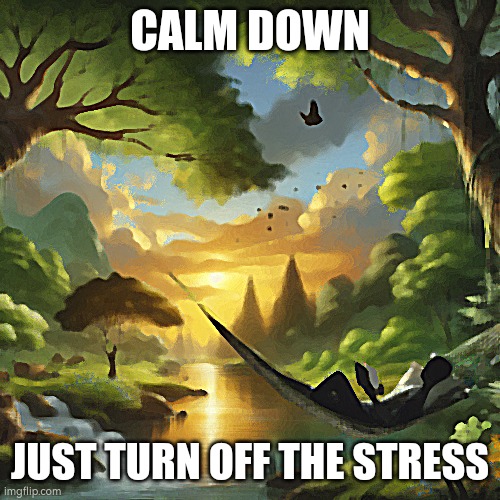 stress free | CALM DOWN; JUST TURN OFF THE STRESS | image tagged in stress | made w/ Imgflip meme maker