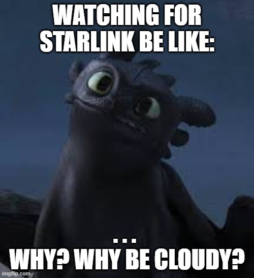 Watching for STARLINKKKKKK!!!!! | WATCHING FOR STARLINK BE LIKE:; . . . 
WHY? WHY BE CLOUDY? | image tagged in watching for starlink be like | made w/ Imgflip meme maker