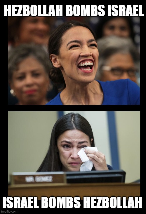 AOC cries over Hezbollah pagers | HEZBOLLAH BOMBS ISRAEL; ISRAEL BOMBS HEZBOLLAH | made w/ Imgflip meme maker