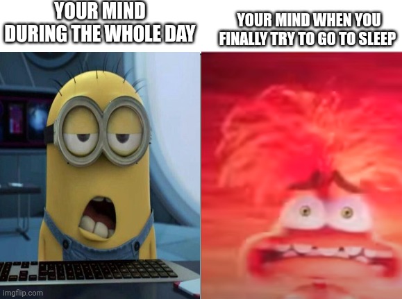 YOUR MIND DURING THE WHOLE DAY; YOUR MIND WHEN YOU FINALLY TRY TO GO TO SLEEP | image tagged in blank white template,side-by-side panels | made w/ Imgflip meme maker