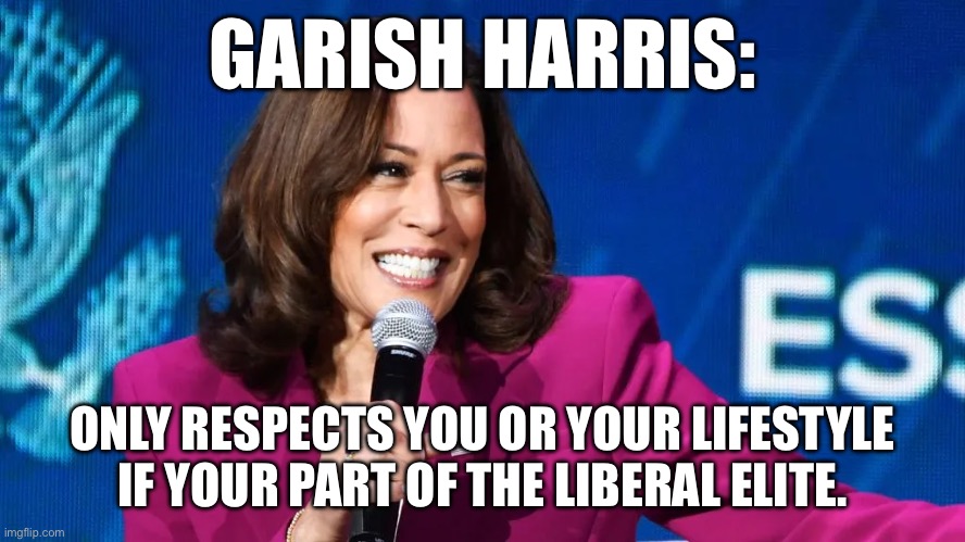 GARISH HARRIS:; ONLY RESPECTS YOU OR YOUR LIFESTYLE IF YOUR PART OF THE LIBERAL ELITE. | image tagged in politics,election,kamala harris | made w/ Imgflip meme maker