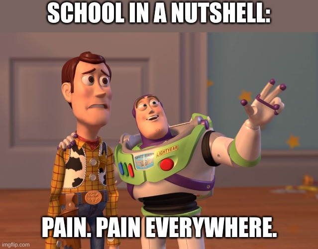 hi :) | SCHOOL IN A NUTSHELL:; PAIN. PAIN EVERYWHERE. | image tagged in memes,x x everywhere,school | made w/ Imgflip meme maker