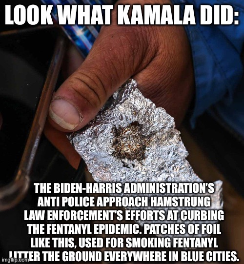 LOOK WHAT KAMALA DID:; THE BIDEN-HARRIS ADMINISTRATION’S ANTI POLICE APPROACH HAMSTRUNG LAW ENFORCEMENT’S EFFORTS AT CURBING THE FENTANYL EPIDEMIC. PATCHES OF FOIL LIKE THIS, USED FOR SMOKING FENTANYL LITTER THE GROUND EVERYWHERE IN BLUE CITIES. | image tagged in politics,kamala harris | made w/ Imgflip meme maker