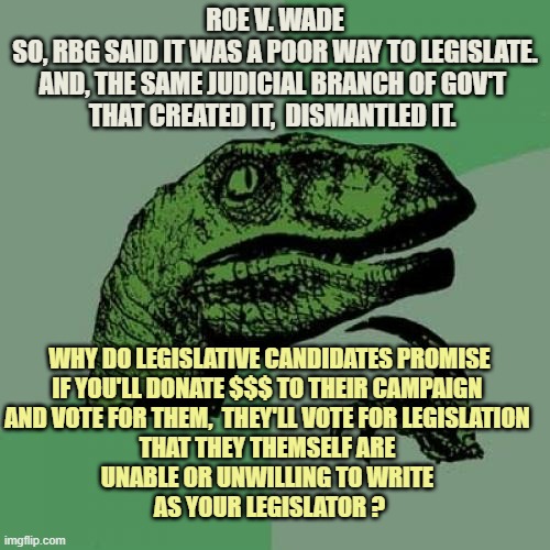 Do your Legislators WRITE Legislation and then Vote on it ? Congress? Senate? | ROE V. WADE
SO, RBG SAID IT WAS A POOR WAY TO LEGISLATE.
AND, THE SAME JUDICIAL BRANCH OF GOV'T 
THAT CREATED IT,  DISMANTLED IT. WHY DO LEGISLATIVE CANDIDATES PROMISE
IF YOU'LL DONATE $$$ TO THEIR CAMPAIGN 
AND VOTE FOR THEM,  THEY'LL VOTE FOR LEGISLATION 
THAT THEY THEMSELF ARE 
UNABLE OR UNWILLING TO WRITE 
AS YOUR LEGISLATOR ? | image tagged in philosoraptor,politics,kamala harris,right to life,abortion,women rights | made w/ Imgflip meme maker