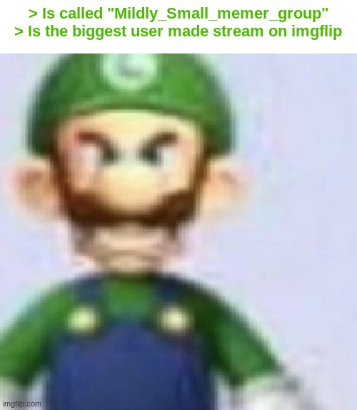 GRrrr!!! ! I got fucking SCAMMED!!!!  I want refund! !!? | > Is called "Mildly_Small_memer_group"
> Is the biggest user made stream on imgflip | image tagged in angry luigi | made w/ Imgflip meme maker